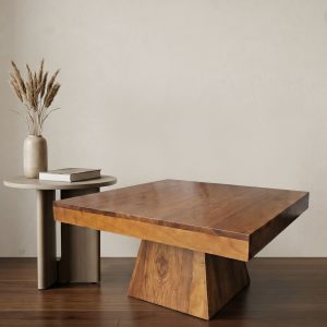 Solid Wood Coffee Table – Modern Walnut Finish Center Table with Sculpted Base