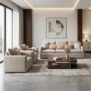 Modern Beige Fabric Sofa Set with Accent Cushions & Contemporary Design