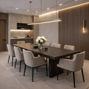 Modern Wooden Dining Table Set – 8 Seater Luxury Dining Table with Upholstered Chairs