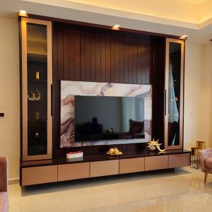 Modern Wooden TV Cabinet with Wall Panel – Luxury Entertainment Unit with Storage